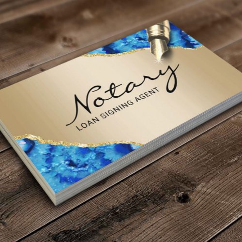 Mobile Notary Signing Agent Modern Gold Blue Agate Business Card