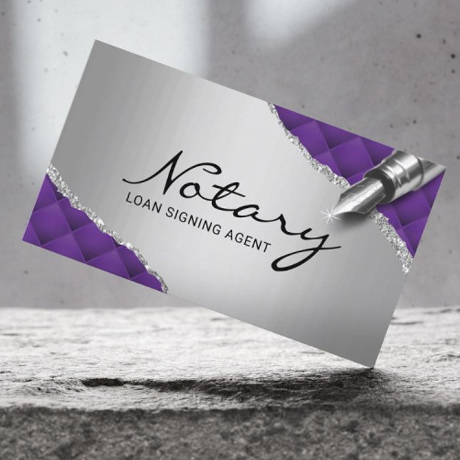 Mobile Notary Signing Agent Modern Purple & Silver Business Card (Creator Uploaded)