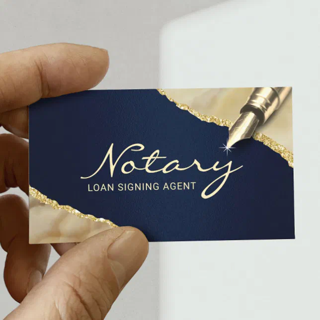 Curated visual reference: Fresh Look at Mobile Notary Signing Agent Navy Gold Agate Business Card