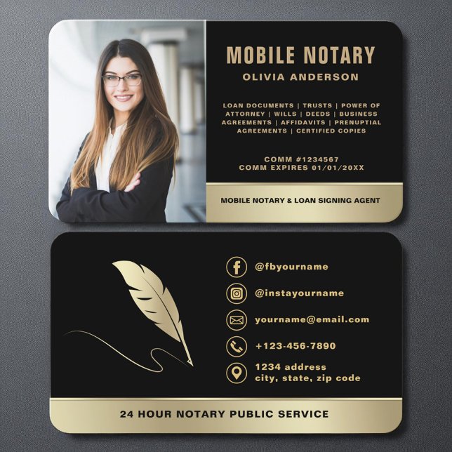 Mobile Notary Signing Agent Photo Black & Gold Business Card (Creator Uploaded)