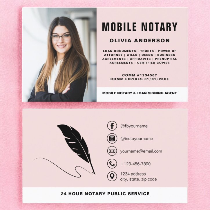 Mobile Notary Signing Agent Photo Blush Pink Business Card