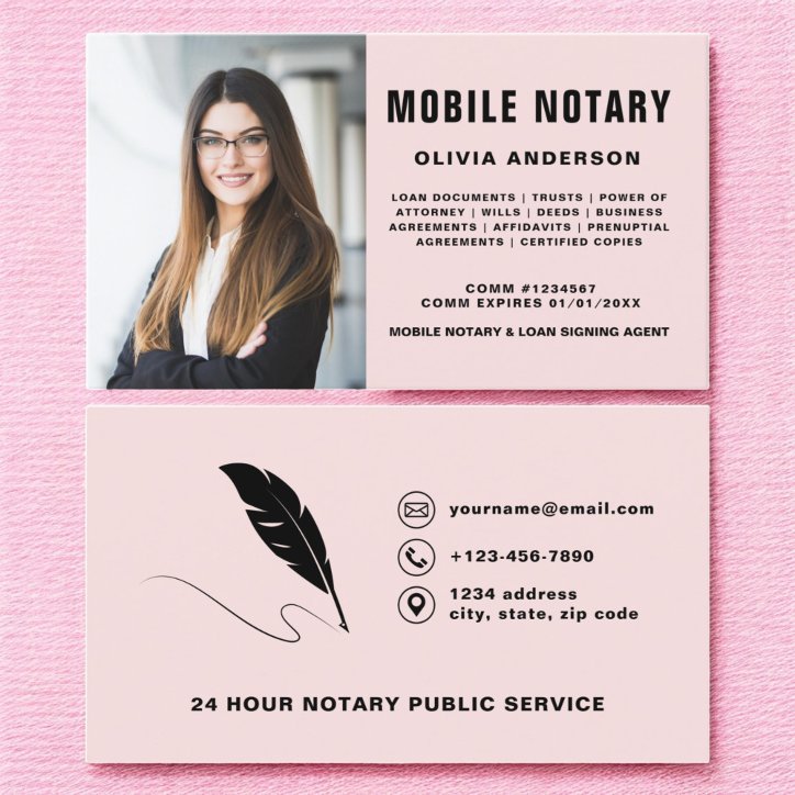 Mobile Notary Signing Agent Photo Blush Pink Business Card