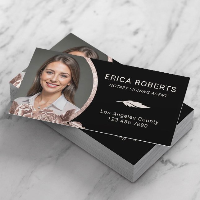 Mobile Notary Signing Agent Rose Gold Floral Photo Business Card (Creator Uploaded)