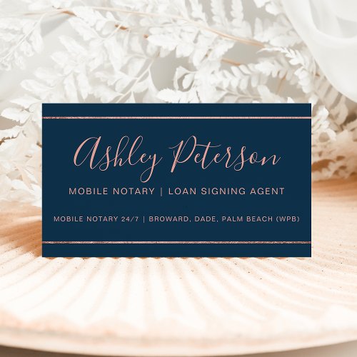 Mobile Notary typography rose gold stripe blue Business Card