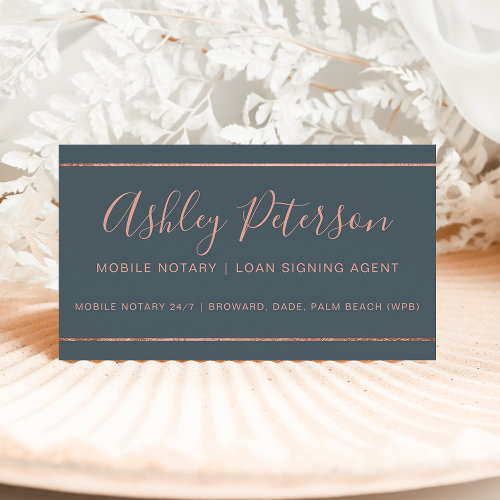 Mobile Notary typography rose gold stripe gray Business Card