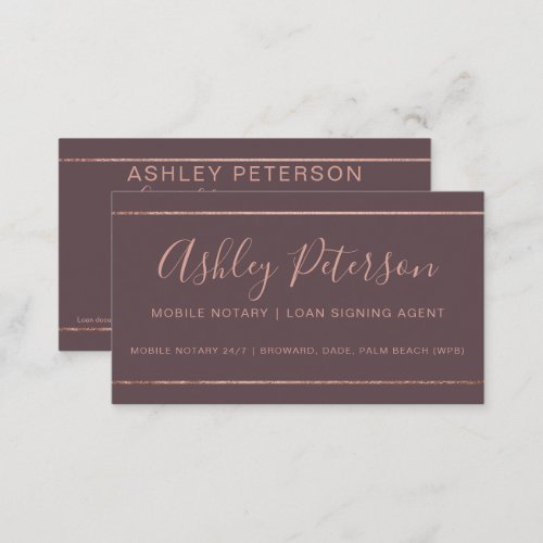 Mobile Notary typography rose gold stripe mauve Business Card