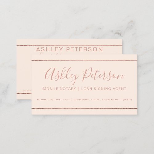 Mobile Notary typography rose gold stripe pink Business Card