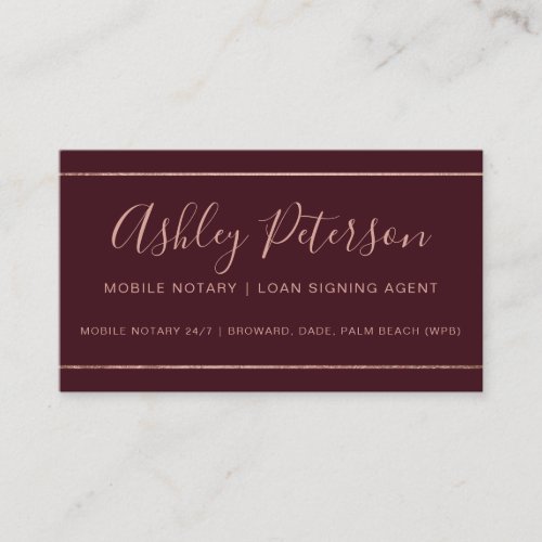 Mobile Notary typography rose gold stripe red Business Card