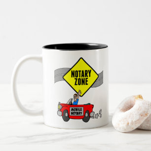Mobile Notary Zone Yellow Road Sign Red Sports Car Two-Tone Coffee Mug