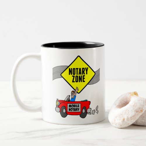 Mobile Notary Zone Yellow Road Sign and Red Sports Car Two-Tone Coffee Mug