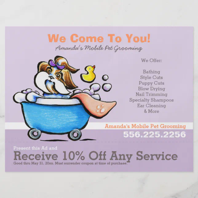 Mobile Pet Groomer Shih Tzu Purple Coupon Ad Flyer Zazzle