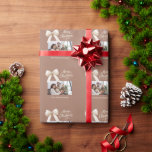 Mocca coffee cream bow photo script Christmas Wrapping Paper<br><div class="desc">A mocca coffee background,  cream colored text and a bow. Text and photo.  Merry Christmas is written with an elegant hand-lettered style font. 
Personalize and add your family name.</div>