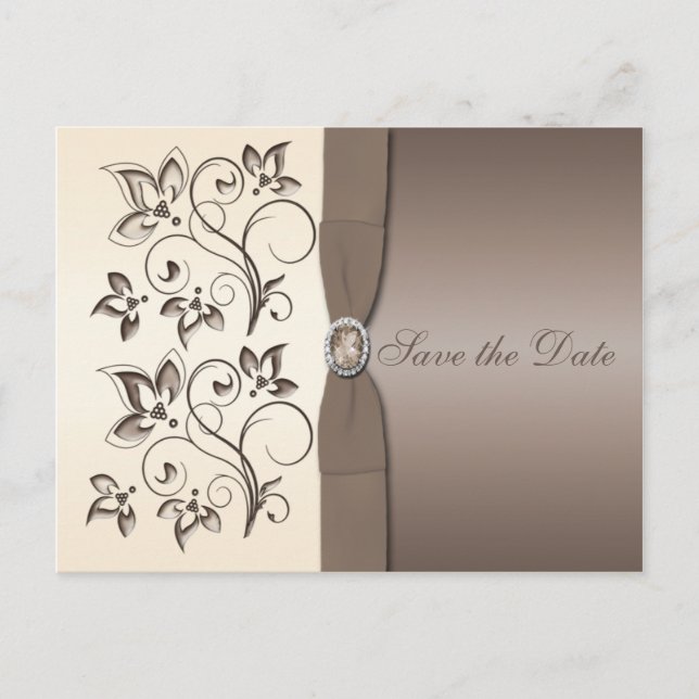 Mocha and Ivory Floral Save the Date Postcard (Front)