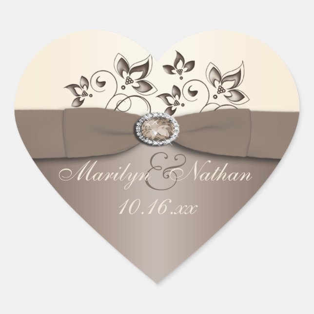 Mocha and Ivory Floral Wedding Favor Sticker (Front)