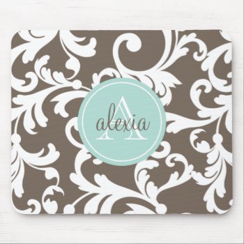 Mocha And Mint Monogrammed Damask Print Mouse Pad by Letsrendevoo at Zazzle