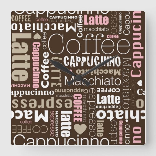 Mocha and Pink Coffee Word Art Kitchen Square Wall Clock