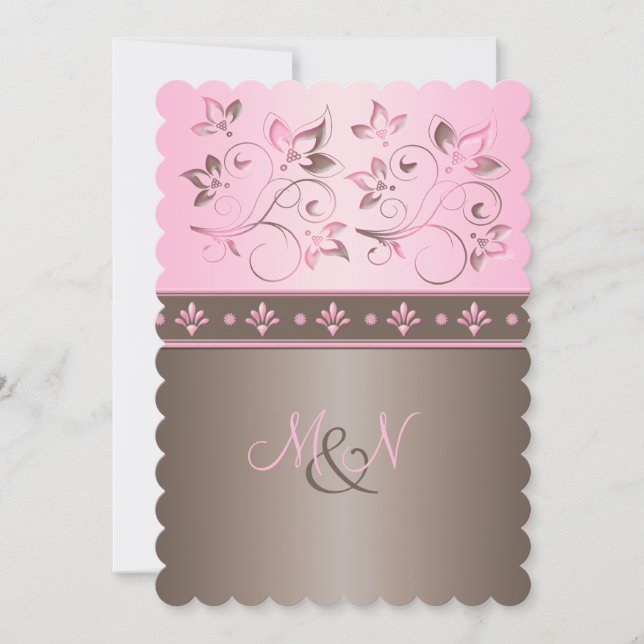 Mocha and Pink Floral Monogrammed Invitation (Front)