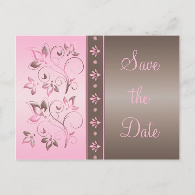 Mocha and Pink Floral Save the Date Postcard (Front)