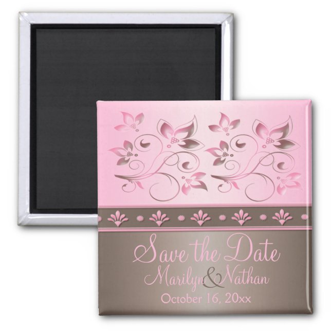 Mocha and Pink Floral Wedding Favor Magnet (Front)