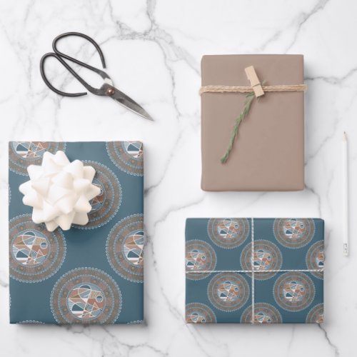 Mocha and Teal Abstract Accent Polka Dot Mandala Wrapping Paper Sheets