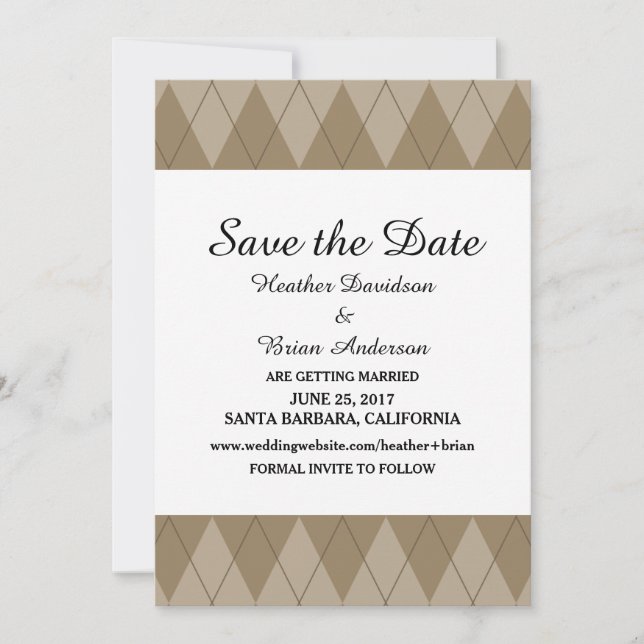 Mocha Argyle Save the Date Invite (Front)