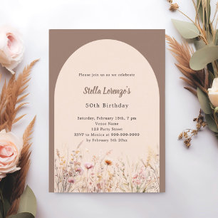 Mocha beige wildflower florals birthday invitation
