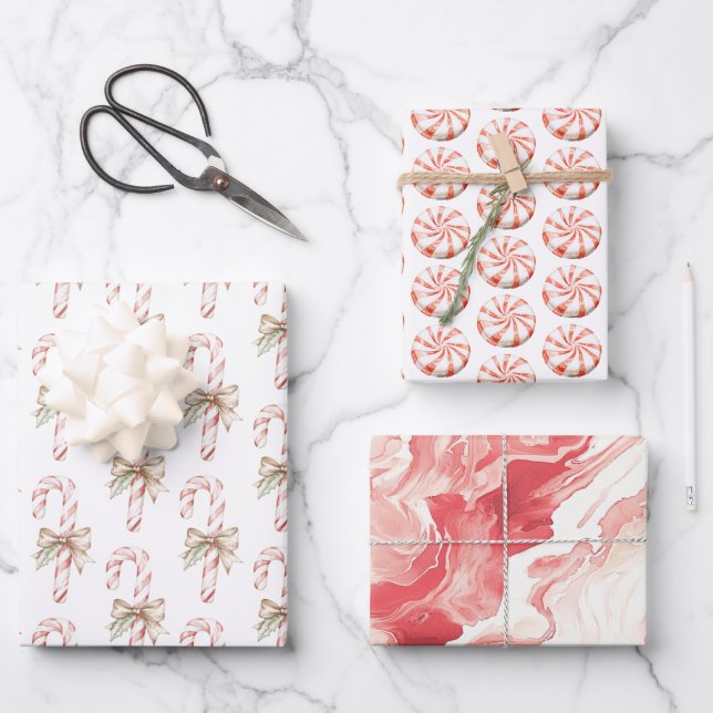 Mocha Bow Pink Candy Cane Christmas Wrapping Paper Sheets (Front)