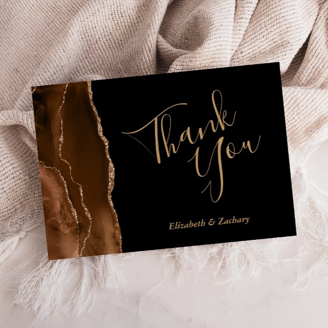 Mocha Brown Agate Gold Black Wedding Thank You Card (Creator Uploaded)
