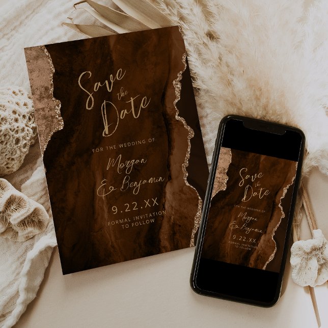 Mocha Brown Agate Script Wedding Save the Date Invitation (Creator Uploaded)