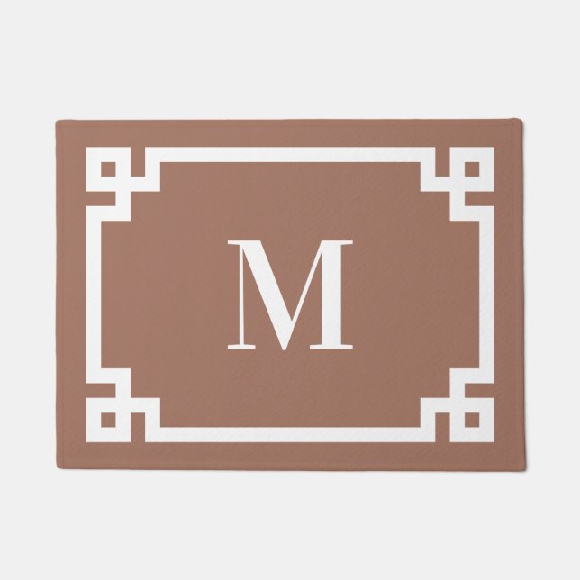 Mocha Brown and White Greek Key Border Monogram Doormat (Front)