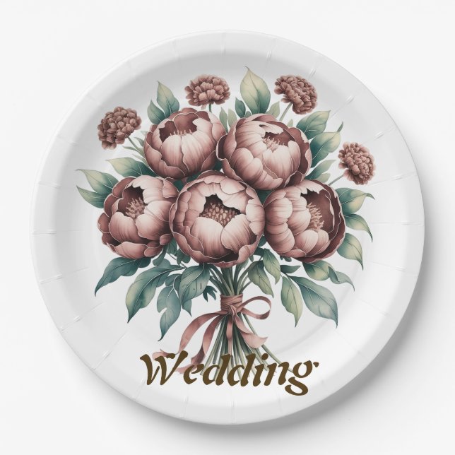 Mocha Brown Blooms Wedding Paper Plates (Front)