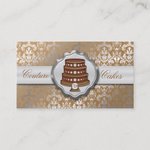 Customizable Mocha Brown Cake Couture Glitzy Damask Cake Bakery Business Card