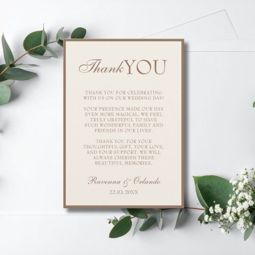 Mocha Brown Champagne Old Money Wedding Thank You Announcement