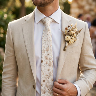 Mocha Brown Cream Botanical Neutral Wedding Neck Tie