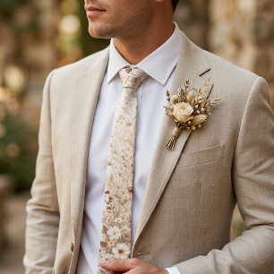 Mocha Brown Cream Botanical Neutral Wedding Neck Tie