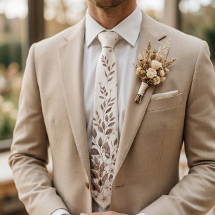 Mocha Brown Cream Botanical Neutral Wedding Neck Tie