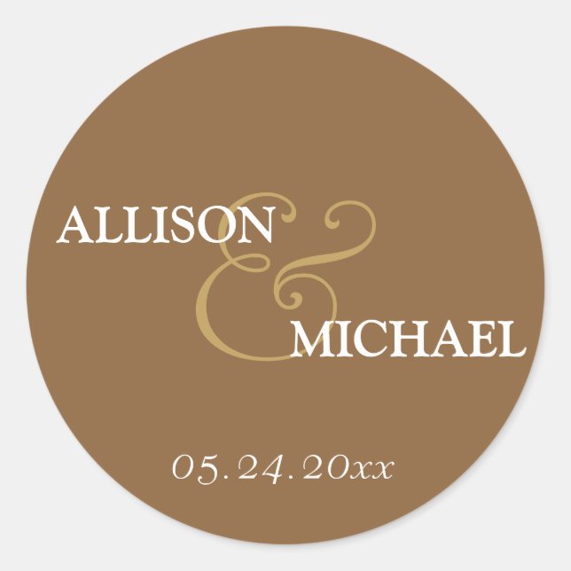 Mocha brown custom ampersand wedding favor label (Front)