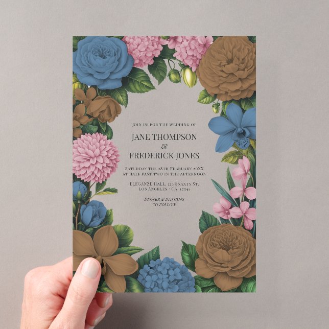 Mocha Brown, Dusty Blue & Soft Pink Floral Wedding Acrylic Invitations (Insitu (Handheld))