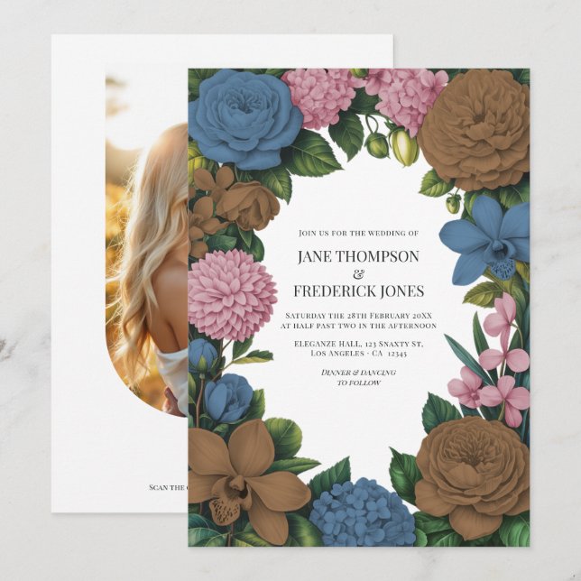 Mocha Brown, Dusty Blue & Soft Pink Floral Wedding Invitation (Front/Back)