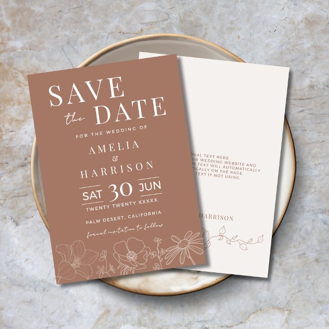 Mocha Brown Elegant Floral Wedding Save The Date (Save the Date in Mocha Mousse with Delicate Floral Line Art )