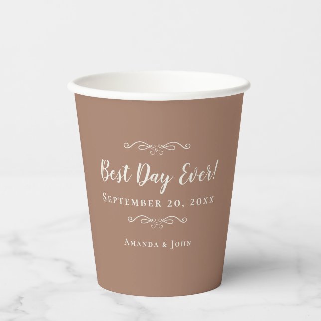 Mocha Brown Elegant Wedding Best Day Ever Romantic Paper Cups (Front)