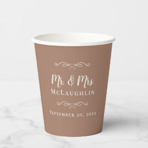 Mocha Brown Elegant Wedding Mr & Mrs Romantic Paper Cups