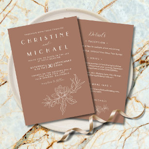 Mocha Brown Floral Elegant All In One BOHO Wedding Invitation