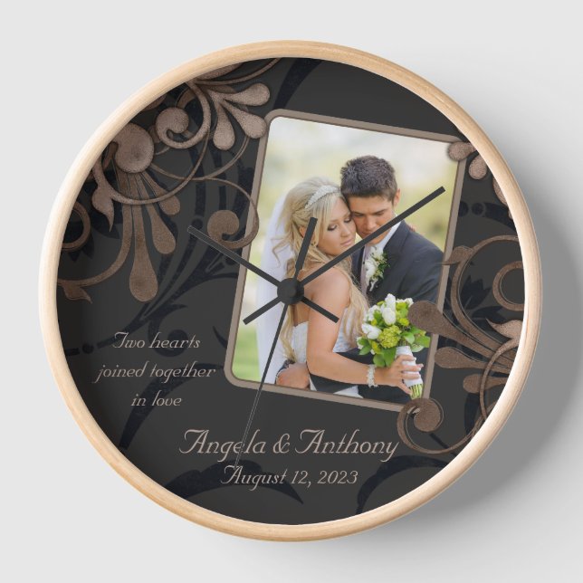 Mocha Brown Floral Personalized Photo Template Clock (Front)