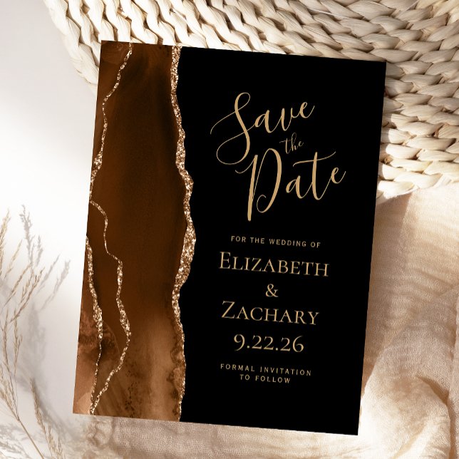 Mocha Brown Gold Agate Black Save the Date Announcement Postcard (Creator Uploaded)