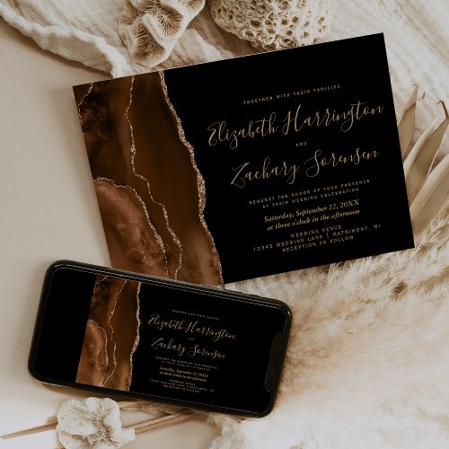Mocha Brown Gold Agate Dark Wedding Invitation