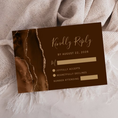 Mocha Brown Gold Agate Dark Wedding RSVP Card