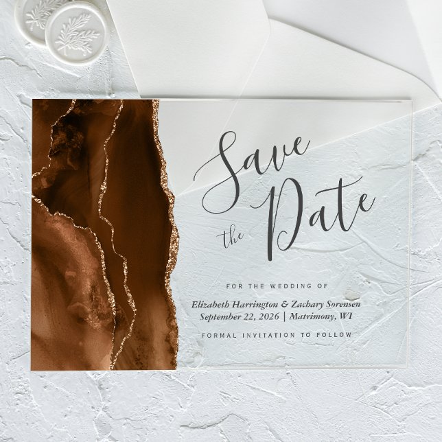 Mocha Brown Gold Agate Save the Date Card (Creator Uploaded)