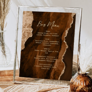Mocha Brown Gold Agate Script Wedding Bar Menu Poster