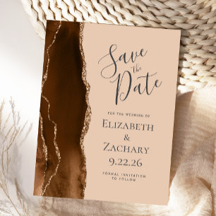 Mocha Brown Gold Agate Tan Save the Date Announcement Postcard
